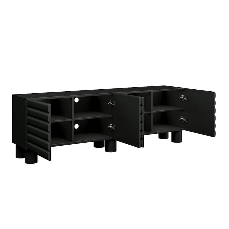 Stylish Wavy Door TV Stand with 4 Cabinets, Adjustable Shelves & Cable Holes, Solid Color Media Console for TVs Up to 75"
