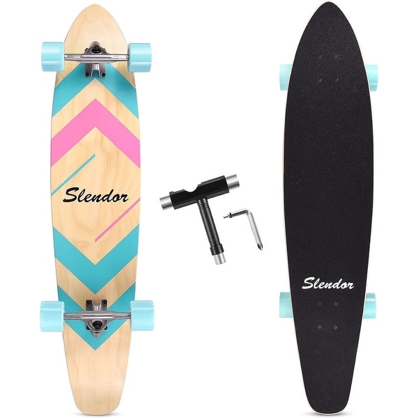 slide 2 of 9, 42 in. Geometric Pink Longboard Skateboard Drop Through Deck Complete Maple Cruiser Freestyle, Camber Concave Pink