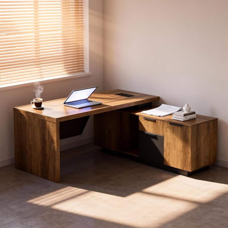 WESOME Retractable L-Shaped Executive Desk with Cable Management Drawers and Lateral File Cabinet