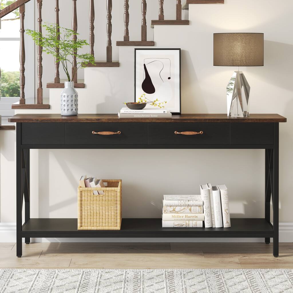 70.9 Long Sofa Console Table with 2 Drawers for Entryway Behind Couch Hall Foyer, White Walnut Brown