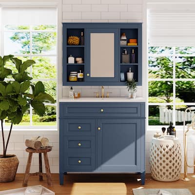 36'' Bathroom Vanity Set with Mirror Cabinet, Modern Bathroom Storage Cabinet with 2 Soft Closing Doors and 4 Drawers