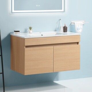 24" Wall Mount Light Oak Color Bathroom Vanity with White Ceramic Basin ...
