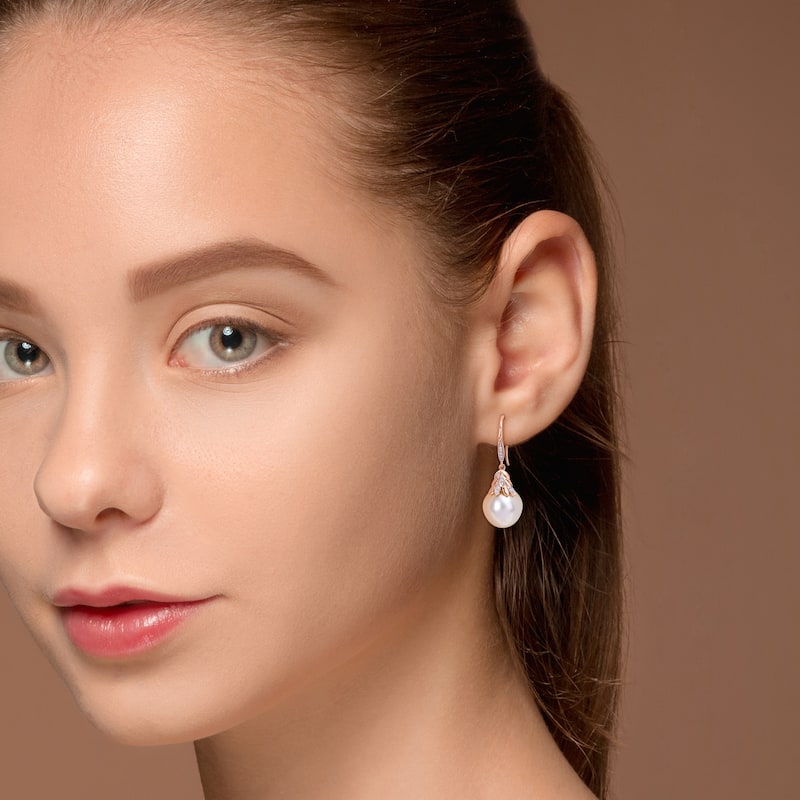 Miadora White South Sea Cultured Pearl & Diamond Accent Hook Earrings in 14k Rose Gold (12-12.5mm)