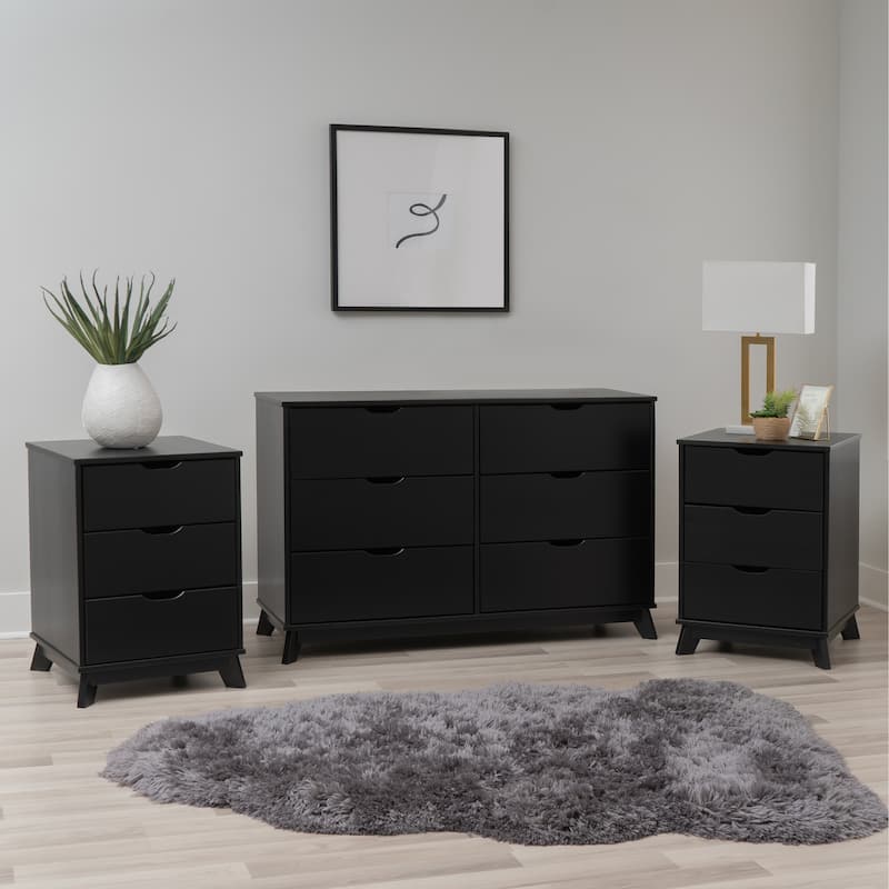 Purcell Pine Wood 3-Piece Bedroom Set with 6-Drawer Dresser and 3-Drawer Nightstands (Set of 2) - Black