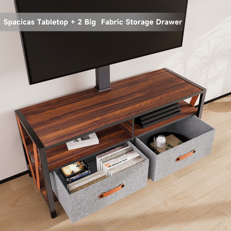 FITUEYES Wood TV Stand with Mount for 55-75 inch TVs Hold up to 88lbs, Swivel and Multi-functional with Foldable Drawers