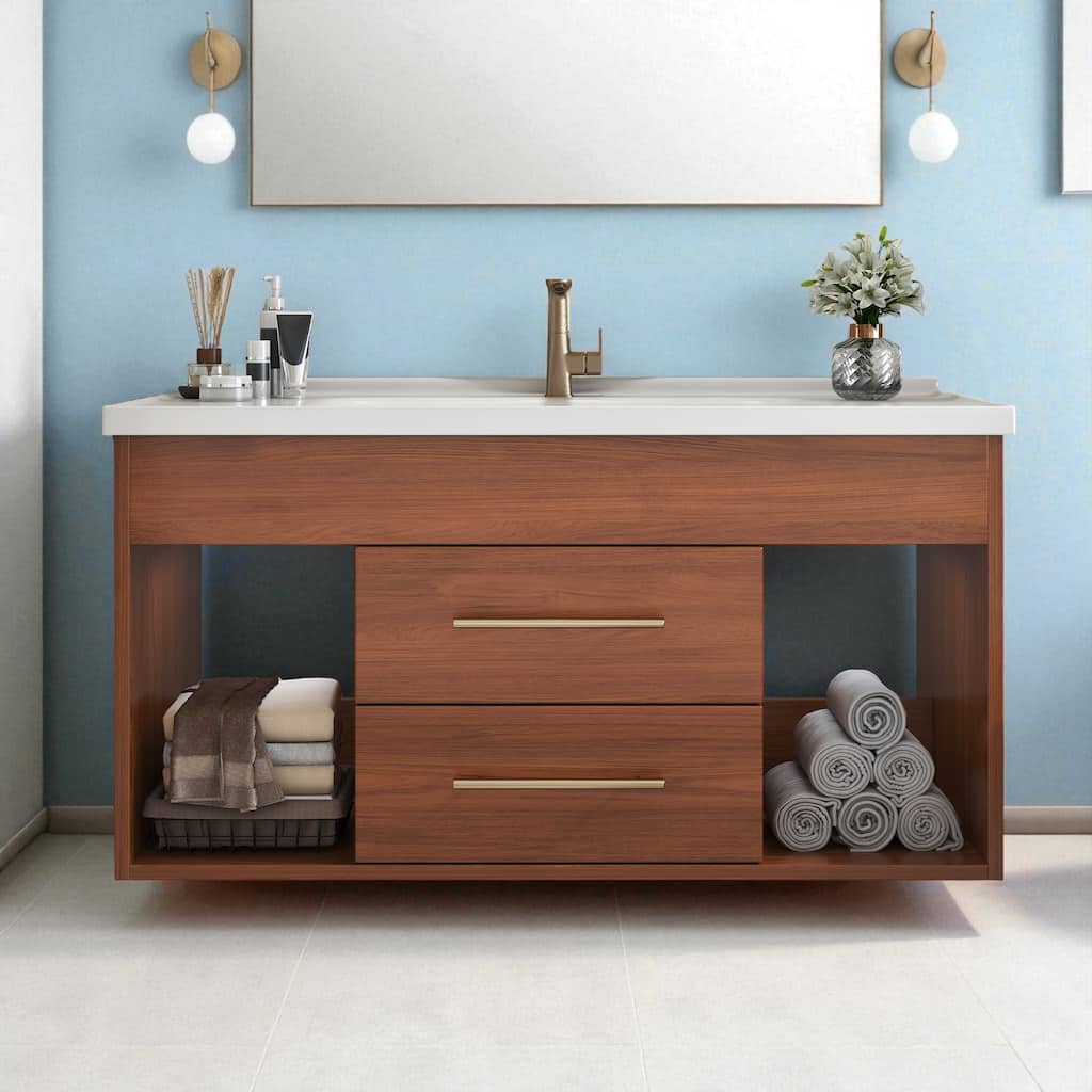 35.4" Mid-Century Modern Bathroom Vanity with Integrated Ceramic Sink and Storage Drawers