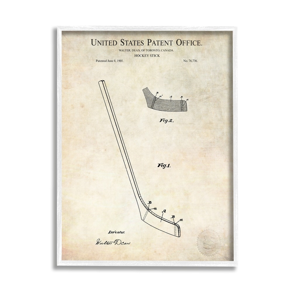 Stupell Vintage Hockey Stick Sports Diagram Patent Blueprint Framed Wall Art - Beige