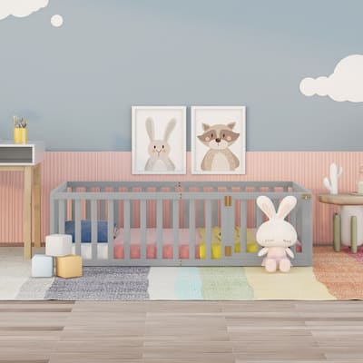 Daybed for Kids, Solid Wood Montessori Floor Bed Frame with Fence&Door