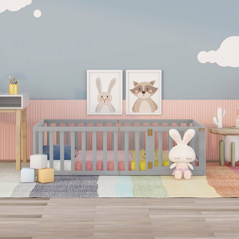 Twin Size Wood Daybed Frame with Fence and Door, Gray