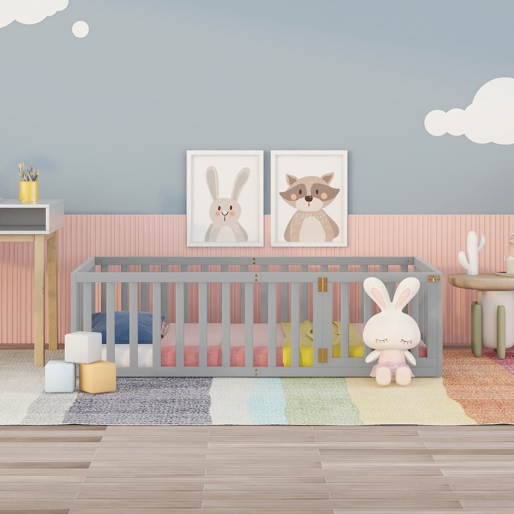 Versatile Wooden Floor Bed Frame without Slats, Solid Pinewood Kids Bed Frame with Fence and Door