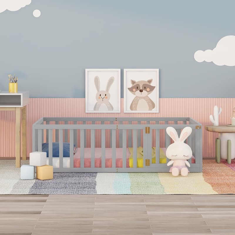 Kids Bed Wood Daybed Frame with Fence,Twin/ Full/Queen,White/Gray/Walnut/Natural - Grey - Twin