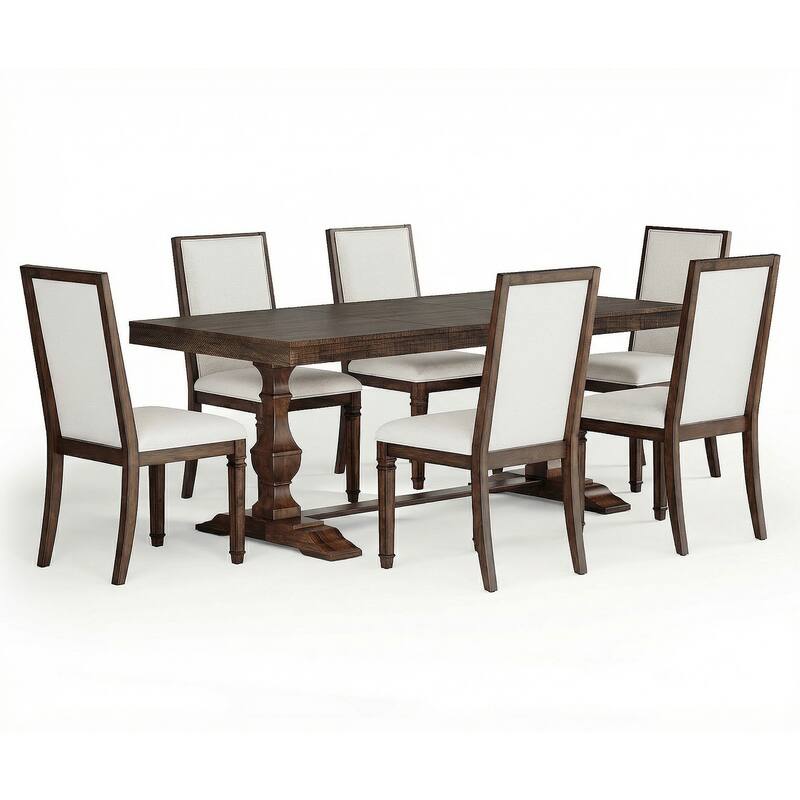 7-pieces Farmhouse Dining Table Set for 6, 74.8" Kitchen Table with Chairs, Solid Wood Legs and Upholstered Back