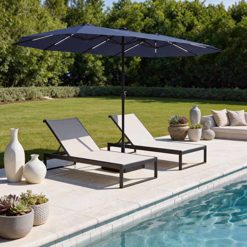 15FT Solar LED Double-Sided Patio Umbrella with Base, 12 Light Strips, 2000mAh