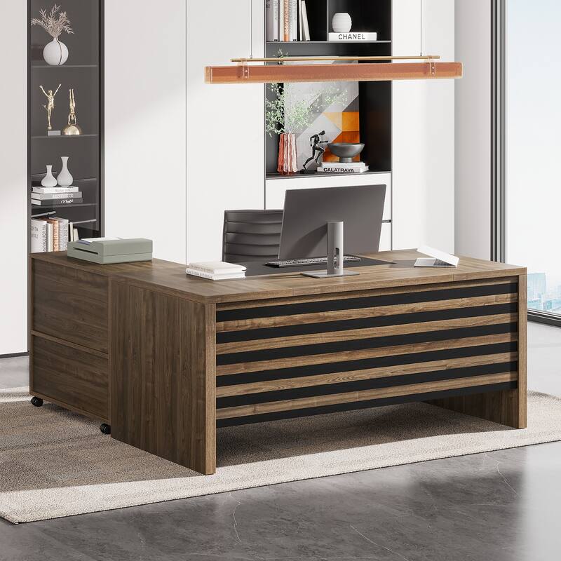 62.2" Executive Desk with Mobile File Cabinet, L-Shaped Office Desk