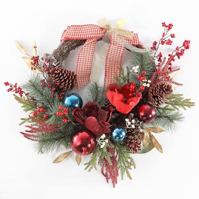 SAFAVIEH Faux 28 Inch Magnolia Oval Wreath W/ Ornaments & Bow - Multi - 28" W x 21" D x 7" H