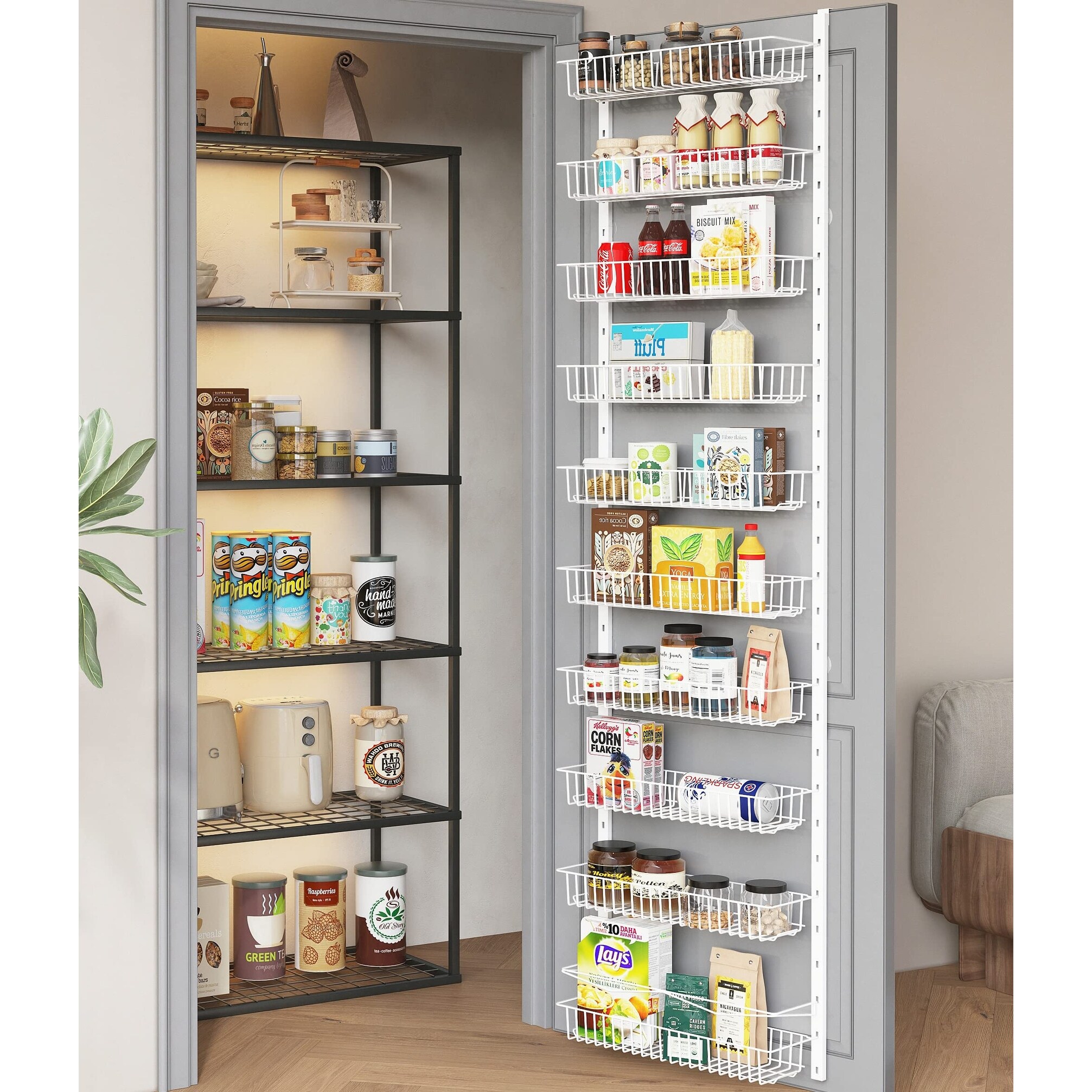 10 Tier Pantry Door Organization and Storage Over the Door Pantry Organizer Metal Hanging Kitchen Spice Rack Can Organizer White