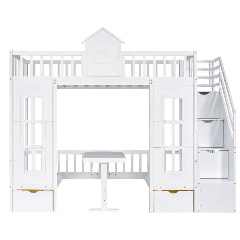 White Twin-over-Twin Bunk Bed with Changeable Table, Turn into Upper Bed and Down Desk with 2 Drawers