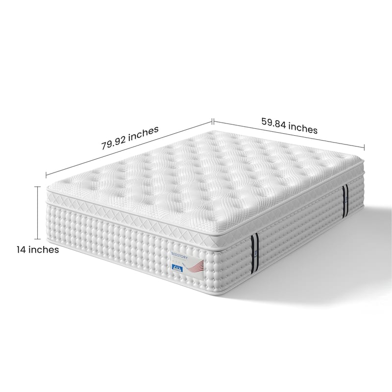 Roomfitters 14 Inch Queen Hybrid Mattress, Euro Top Memory Foam and Pocket Spring Bed for Spine Support, Medium Firm, White