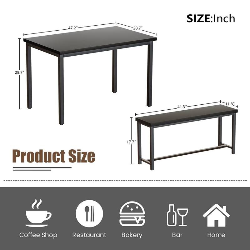 Eureka Industrial 3-piece Dining Set, Modern Kitchen Dining Table with Two Benches for Home, Kitchen, Dining Room, Bar