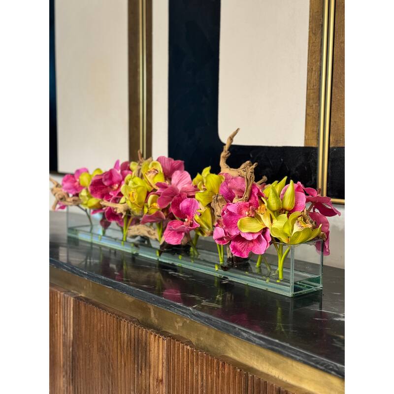 Casa Moderna Glass Planter With Pink Vandas And Green Cymbidiums