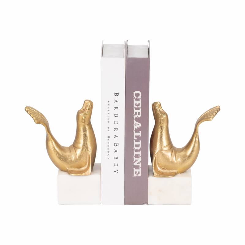 Decorative Sea Lion on Marble Base Bookends - Set of 2", 10", Gold - 10.0"