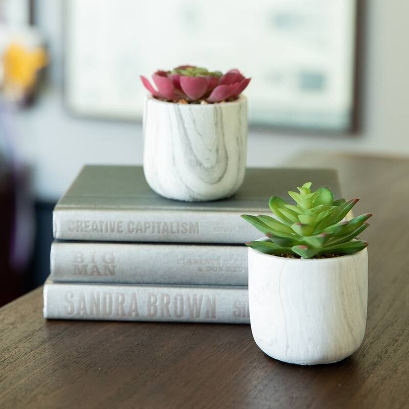 SET OF 2 Artificial Plant in MARBLE Cement Pot - ONE-SIZE