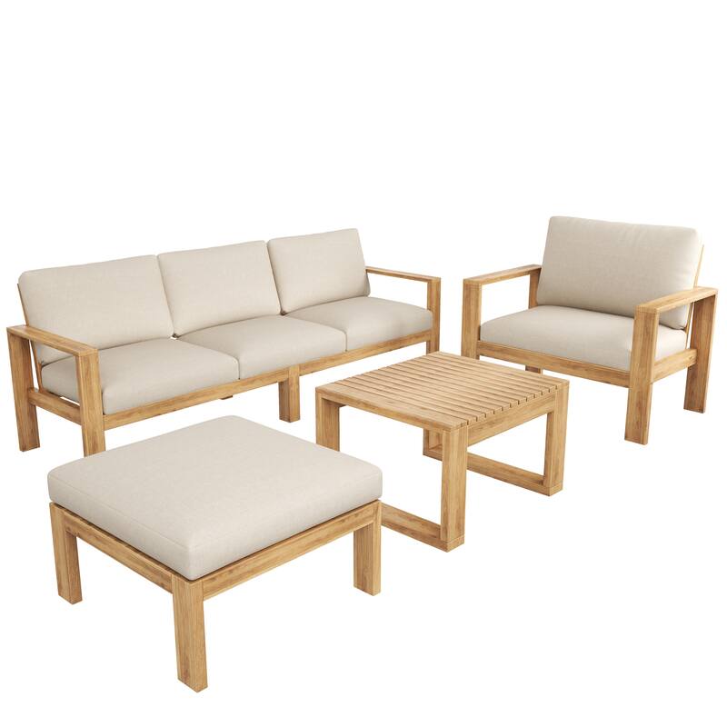 4-Piece Outdoor Wood Sectional Sofa Set, Water-Repellent Patio Sofa with Cushions and Coffee Table