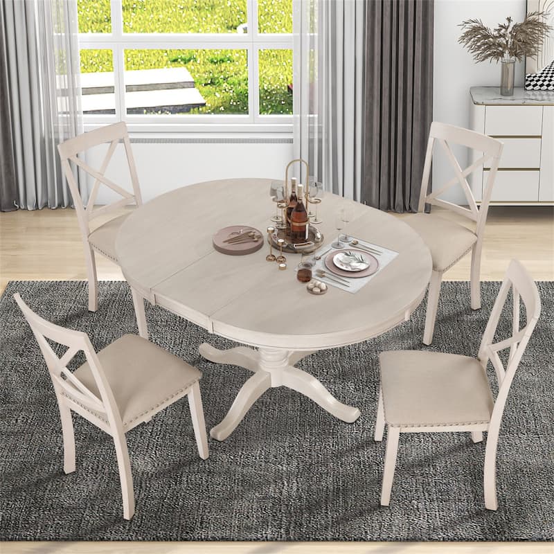 5 PCS Modern Solid Wood Round Extendable Dining Table Set with Chairs
