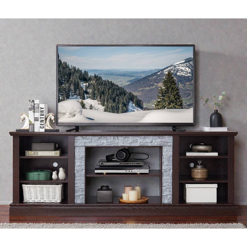 70 Inch TV Stand for TVs up to 75 Inch, Media Console with Faux Stacked Stone Surround, Storage Cabinet & Cable Management