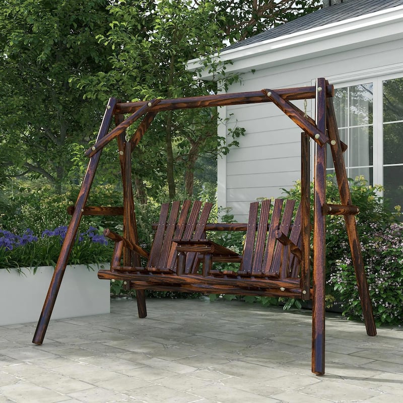 Wooden Porch Swing with Stand, 2-Seat Patio Swing Chair with Table