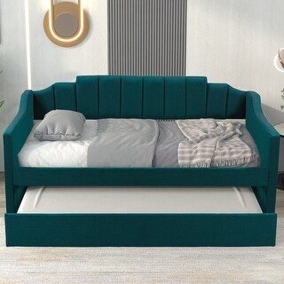 Twin Size Upholstered Bed Daybed with Pull-out Twin Trundle Bed, Wood Sofa Bed Frame for Kids Teens Adults Living Room