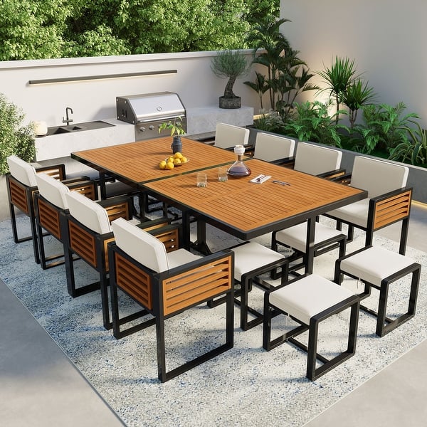 9-Piece Acacia Wood Outdoor Dining Set with Cushions and Square Table