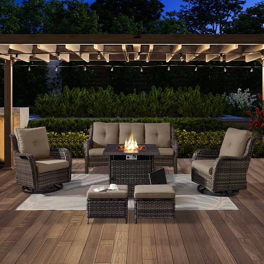 Gymojoy 6-Piece Outdoor Wicker Patio Furniture with Fire Pit Table, Rattan Coversation Set with Water Resistant Thick Cushions