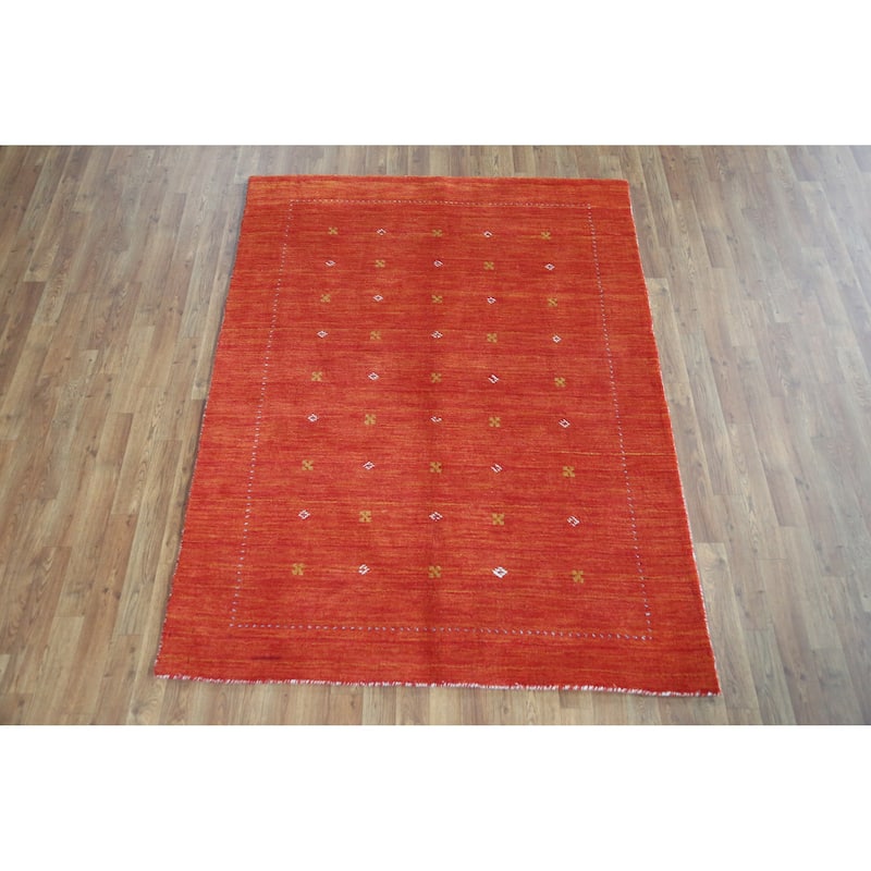 Tribal Orange Red Gabbeh Indian Rug Handmade Wool Carpet - 4'9" x 6'3"