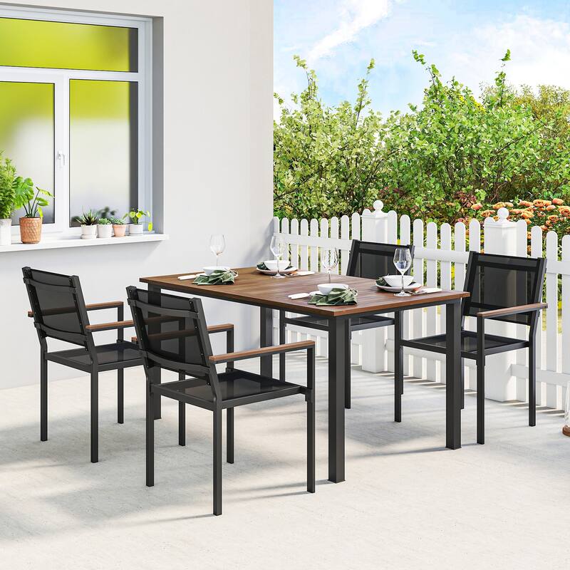 Outsunny 5 Piece Outdoor Dining Set, Outdoor Table and Chairs for 4, 59" Rectangular Acacia Wood Tabletop, Teak - Black