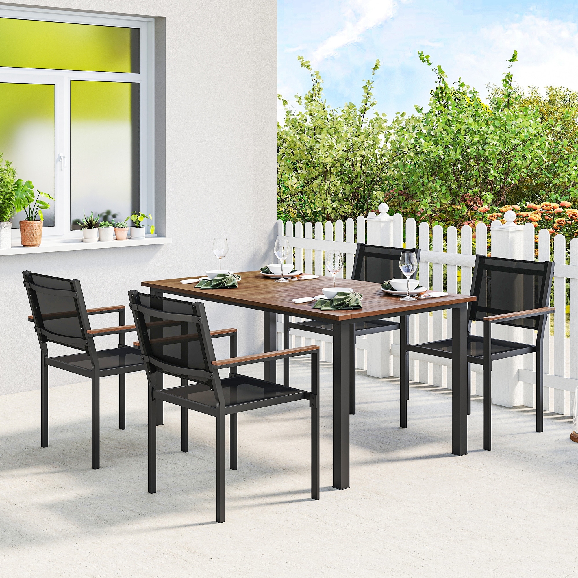 Outsunny 5 Piece Outdoor Dining Set, Outdoor Table and Chairs for 4, 59" Rectangular Acacia Wood Tabletop, Teak