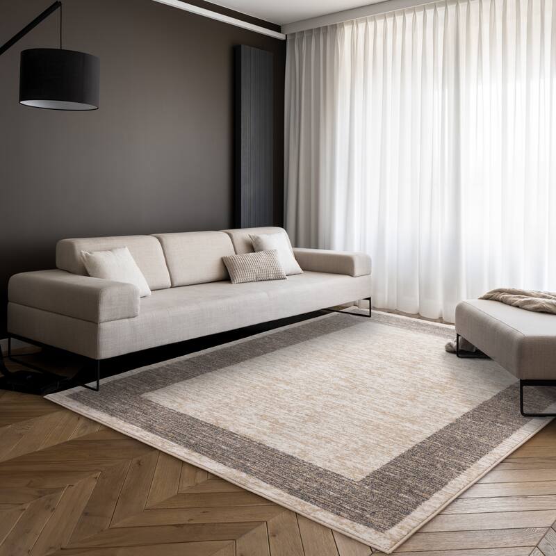 Covington Beige Taupe White Distressed Simple Border Area Rug