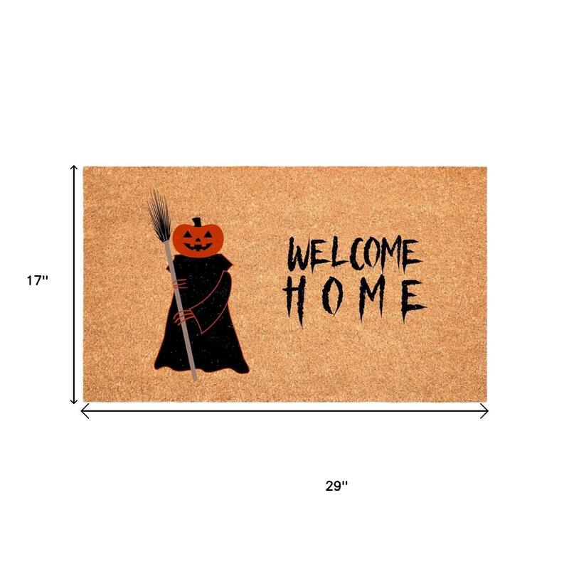 HomeRoots 17" X 29" Natural And Brown Spooky Pumpkin Welcome Home Outdoor Coir Door Mat - 17.00' X '29.00