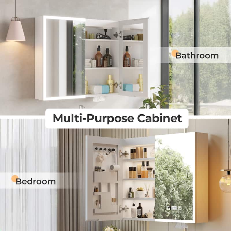White MDF LED Bathroom Wall Cabinet with Mirror, 7 Shelves and USB - 31.5” x 6.1” x 27.6”