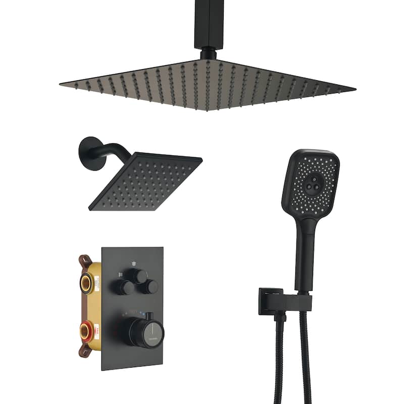 Celling 12 Inch Rainfall Shower Head 3 Function Thermostatic Shower System - Matte Black