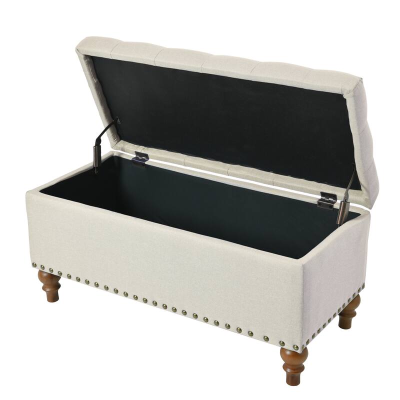 Linen Fabric Storage Ottoman Bench, Multi-Functional Storage Ottoman, End of Bed Bench with Hidden Hinge Lid & Rivet Trim