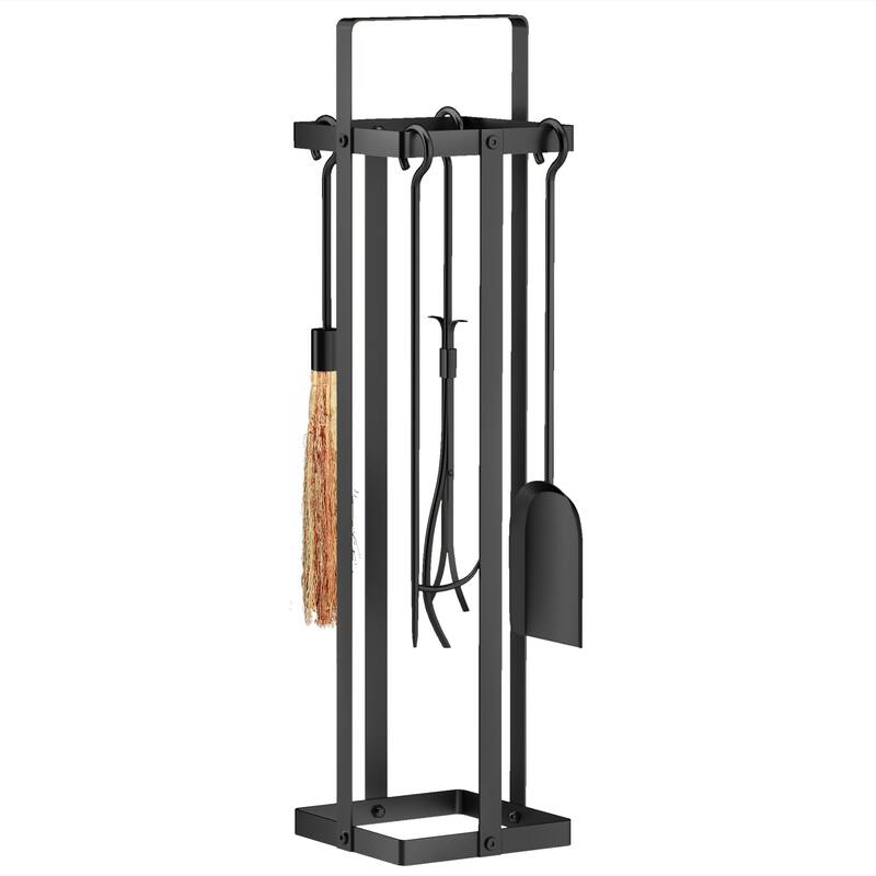 5 Piece Metal Fireplace Tools Set with Brush Broom, Poker, Shovel, Tongs and Stand for Chimney