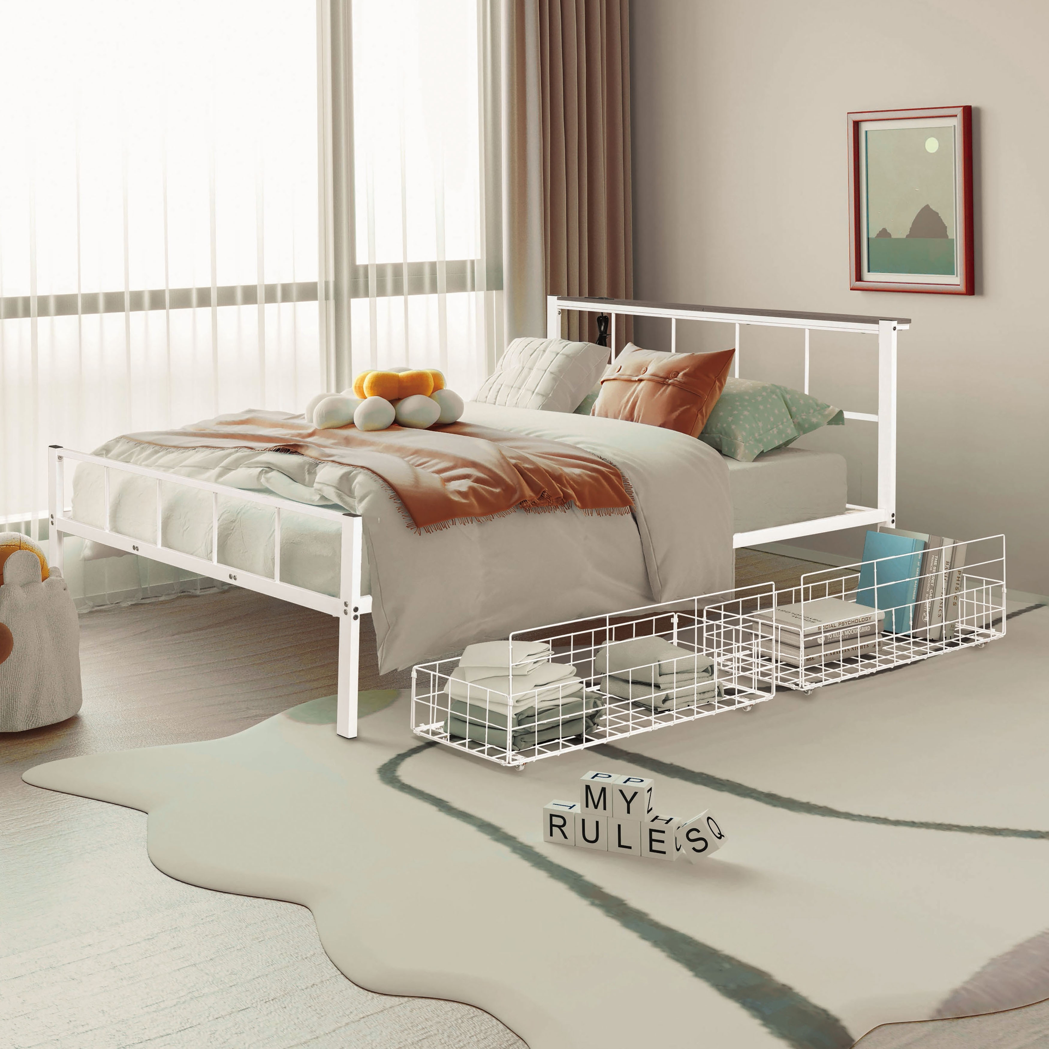 Furniture of America Gurmin Modern White Queen-size Metal Storage Platform Bed