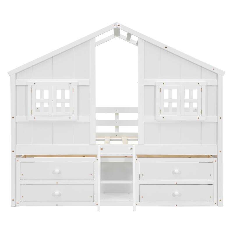 Wood Full Size House Loft Bed with Roof, Windows,4 Storage Drawers