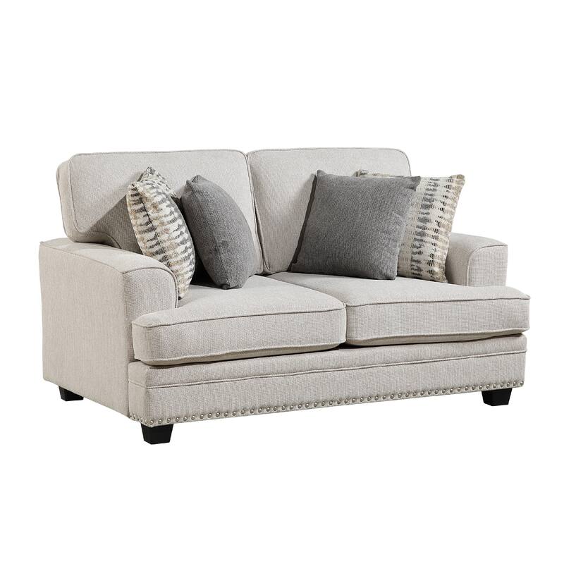 Brady Loveseat with 4 Pillows, Sand Brown Chenille, Nailhead, 66 Inch