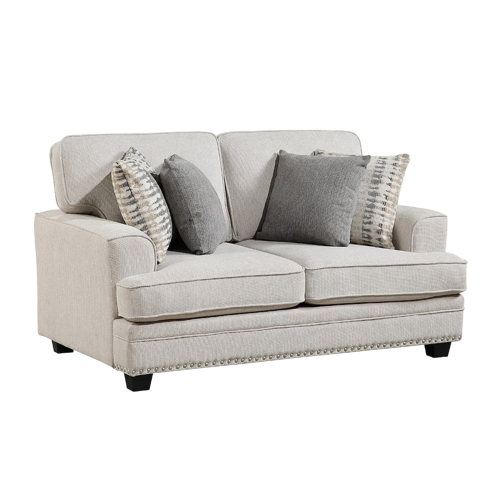 Brady Loveseat with 4 Pillows, Sand Brown Chenille, Nailhead, 66 Inch