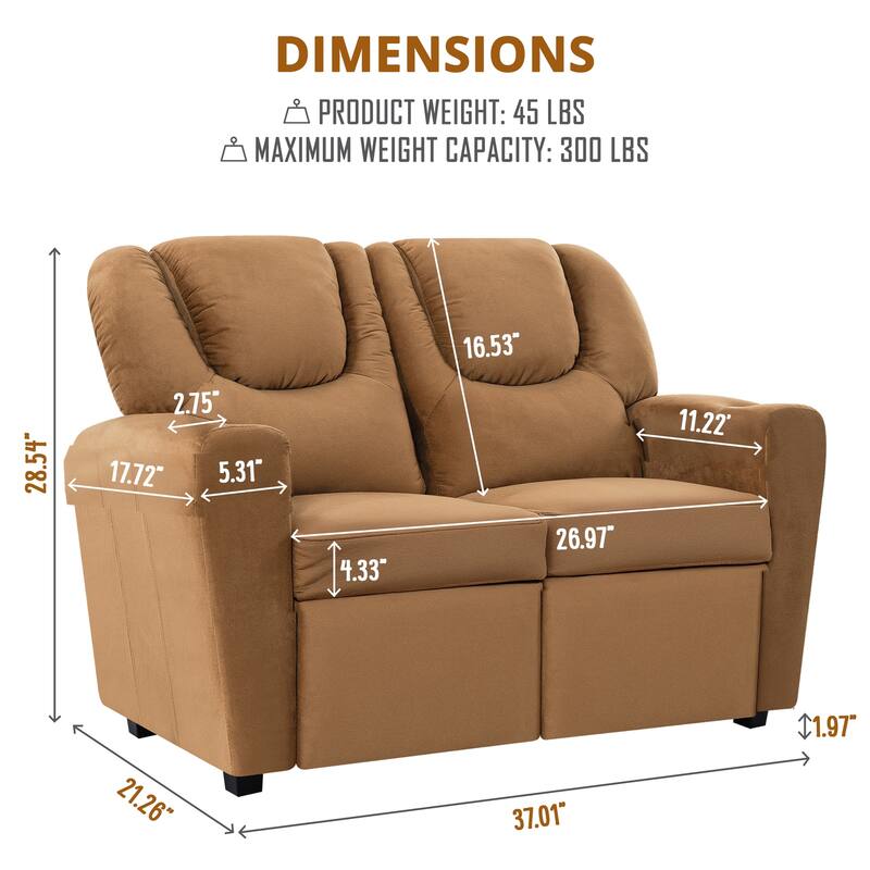 Kids Recliner Loveseat - Toddler Reclining Chair for Ages 3-5 with Cup Holders, Push-Back Recline, and Adjustable Footrest
