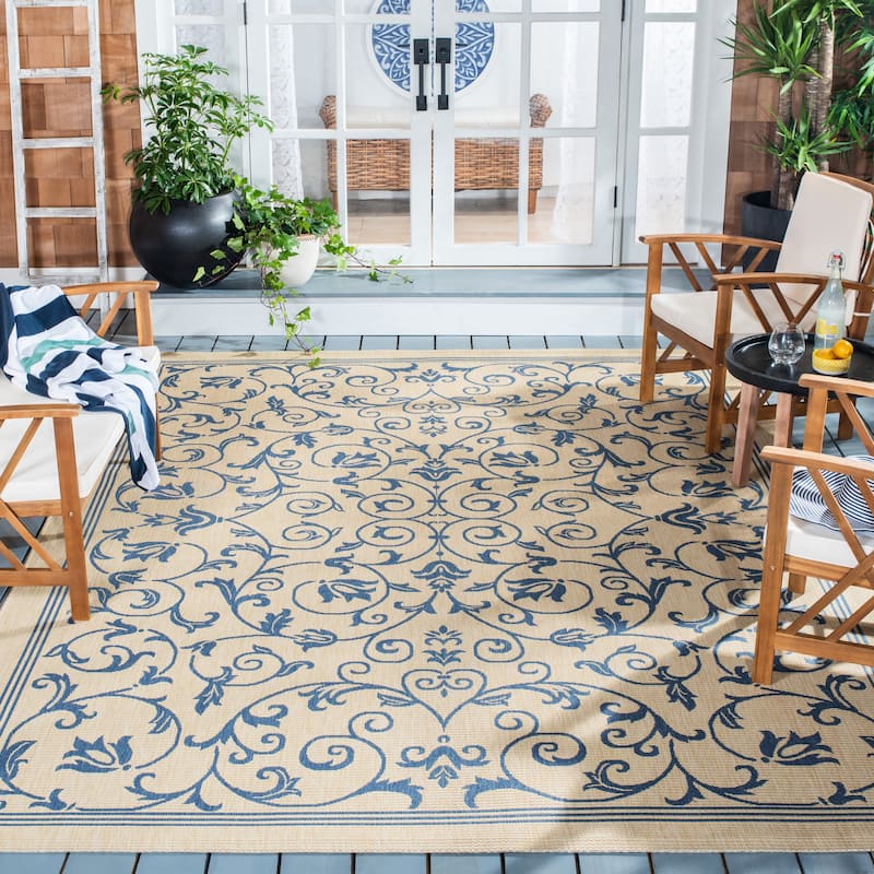 SAFAVIEH Courtyard Clarine Indoor/ Outdoor Waterproof Patio Backyard Rug - 2'7" x 5' - Natural/Blue