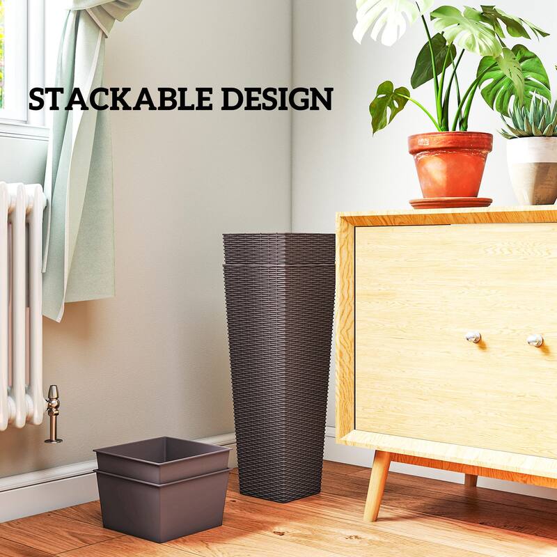 Outsunny 23.6 Inch Tall Planters for Outdoor Plants, Set of 2 Plastic Rattan-Like Flower Pots Front Porch