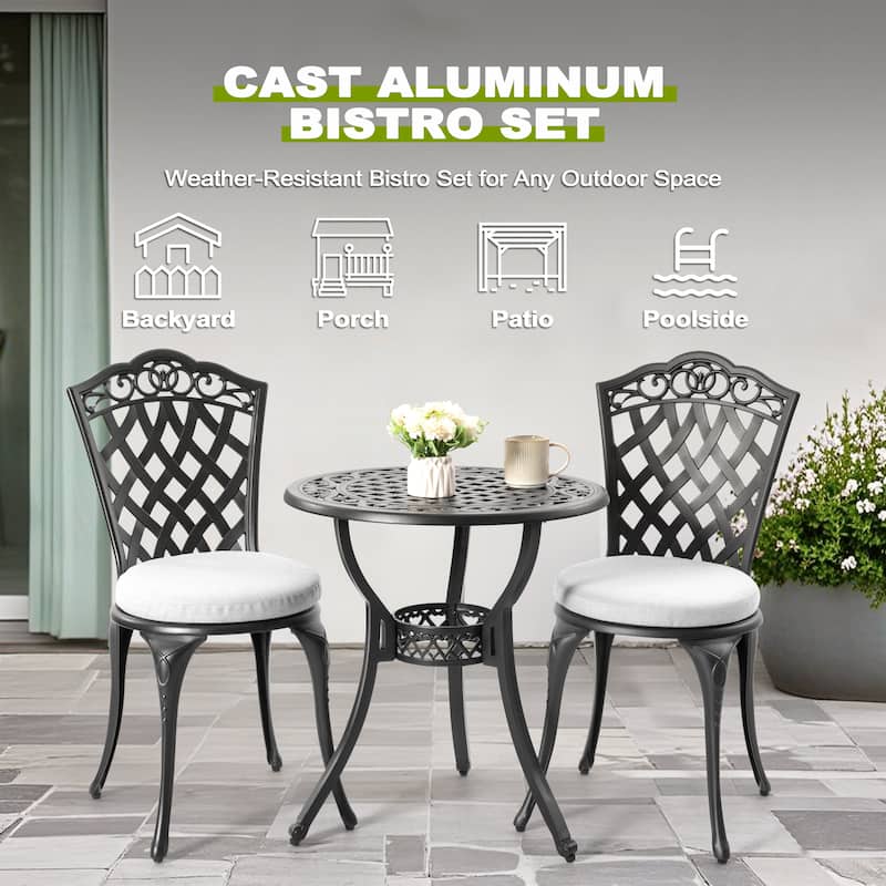 Patio 3-Piece Cast Aluminum Bistro Set with Cushions, Umbrella Hole